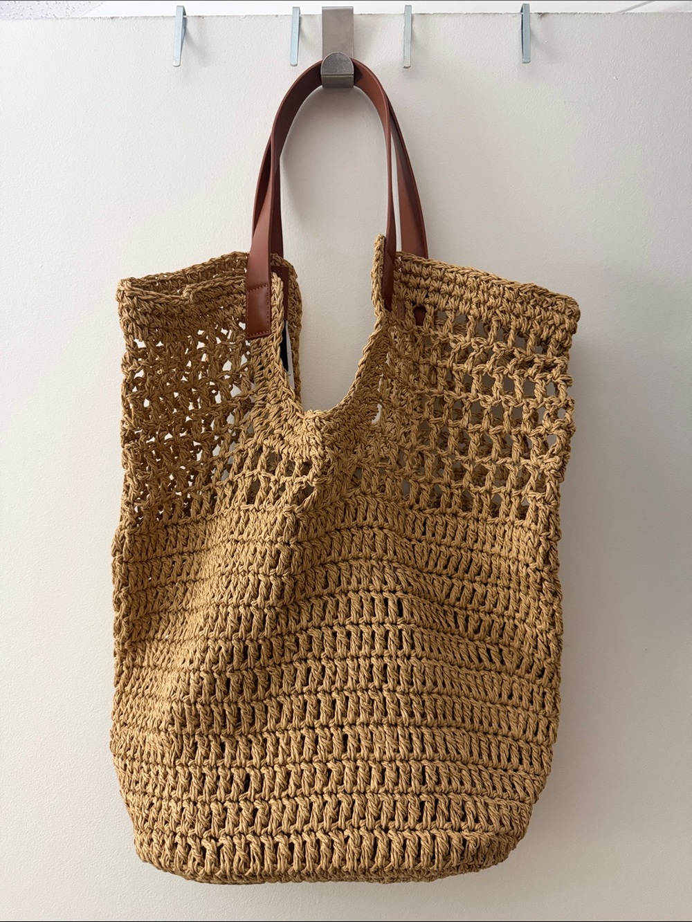 Banana Republic Woven Tan Straw Tote with Brown Leather Handles